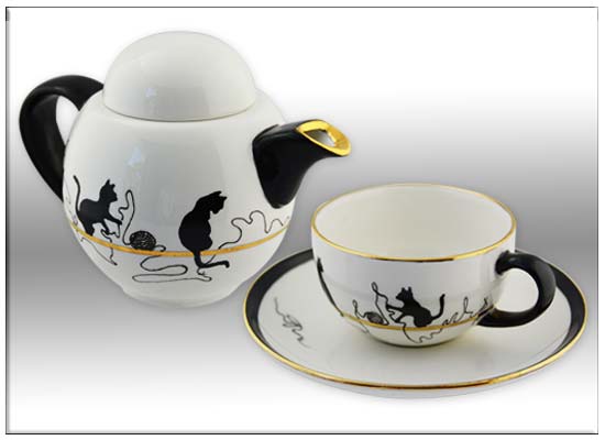Cats at Play teapot and cup & saucer by Anne Blake