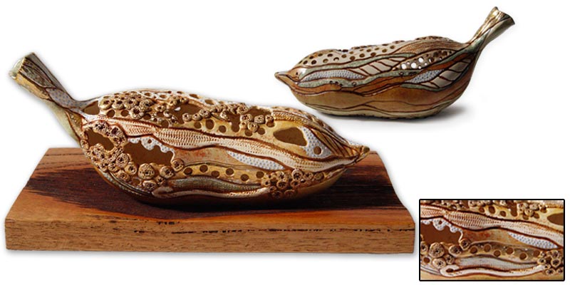 Pottery Boab Nut intricately decorated by Brenda Henderson